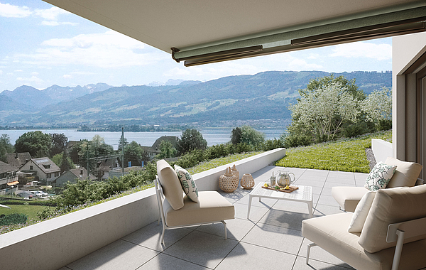 Sicht vom Sitzplatz Erdgeschoss auf den Zürichsee